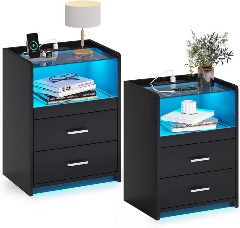 Modern LED Nightstands with USB Charging and Drawers