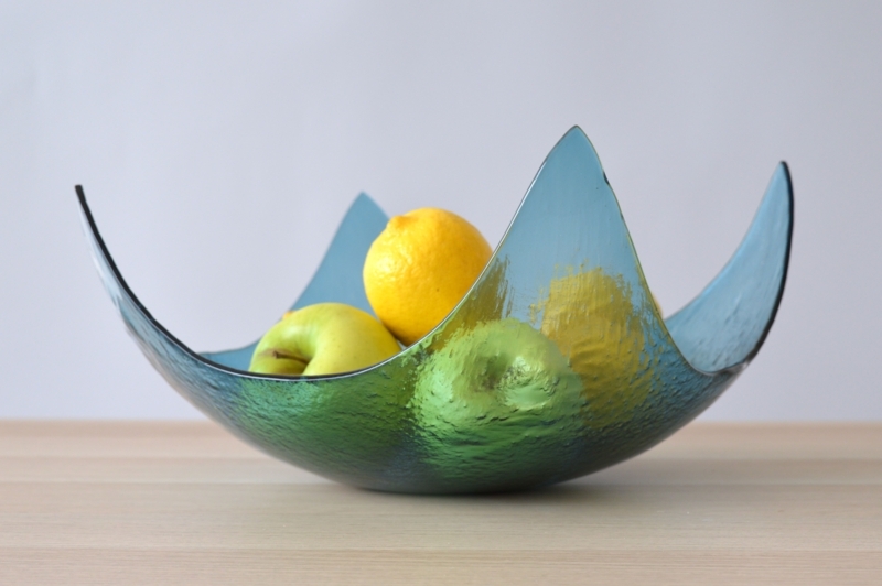 Modern Minimalist Blue Fused Glass Fruit Bowl
