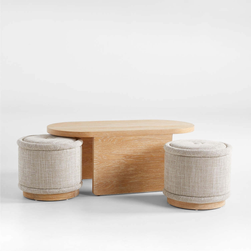 Modern Oval Nesting Coffee Table with Upholstered Stools