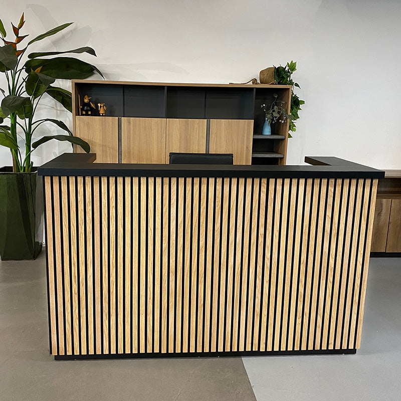 Modern Timber Slat Reception Desk with Black Oak