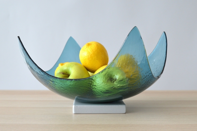 Modern Turquoise Fused Glass Fruit Bowl Centerpiece