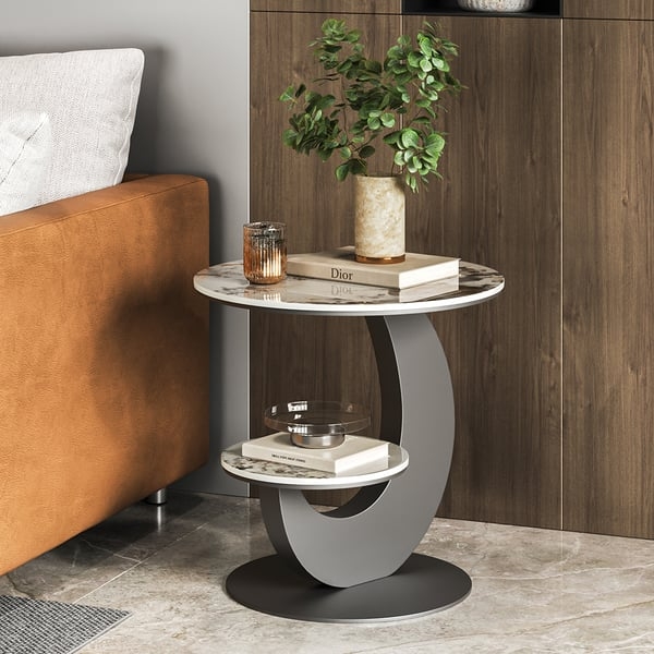 Modern Two-Tier Sintered Stone Round Side Table