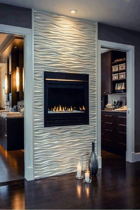 Modern Wave-Textured Tile Fireplace Design