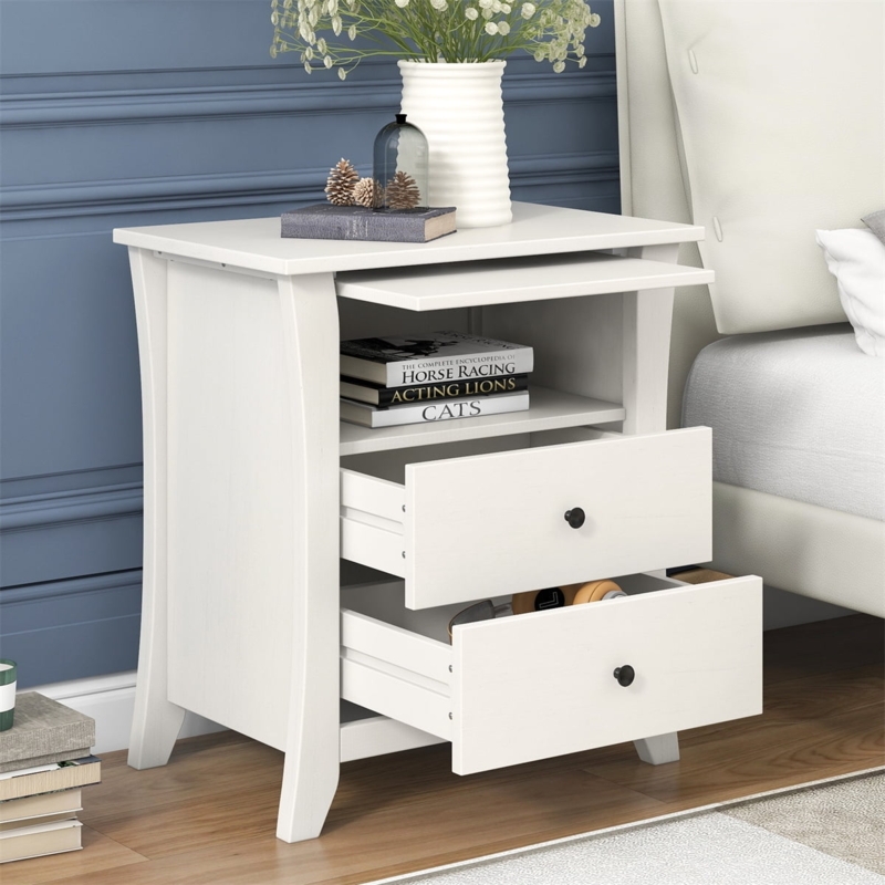 Modern White 2-Drawer Nightstand with Open Shelf