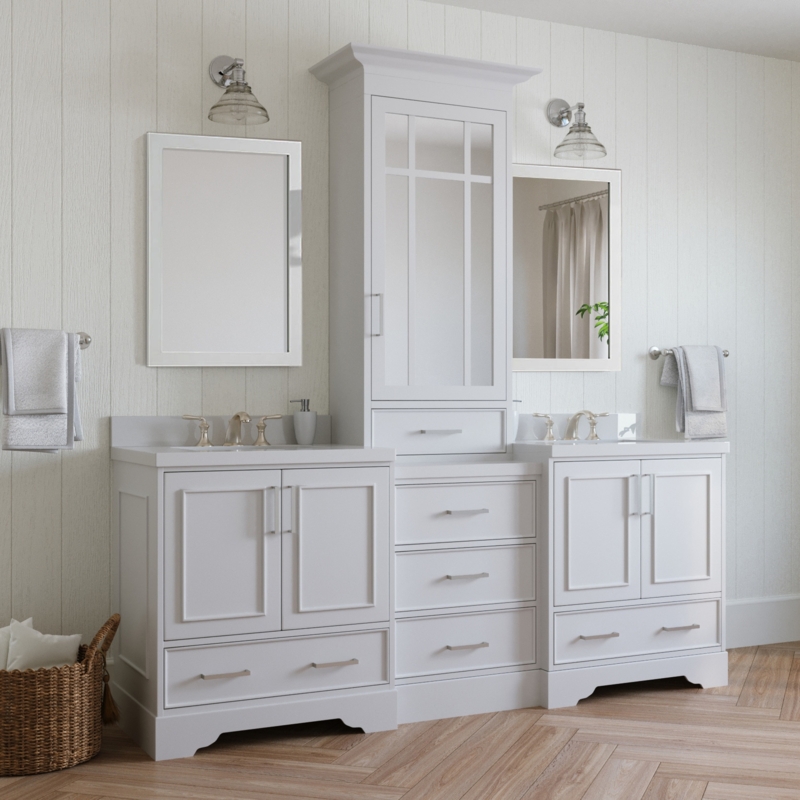 Modern White Bathroom Vanities with Central Storage Tower