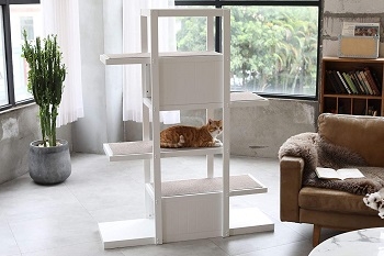 Modern White Bookshelf Cat Tower with Cozy Shelves