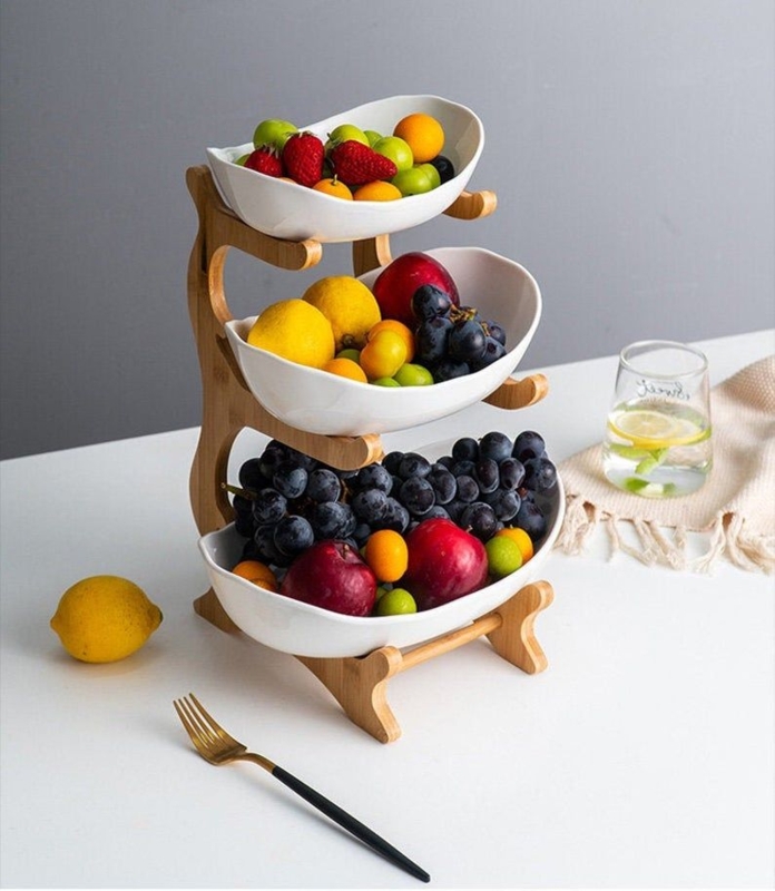 Modern White Ceramic Fruit Bowl Stand with Wooden Frame