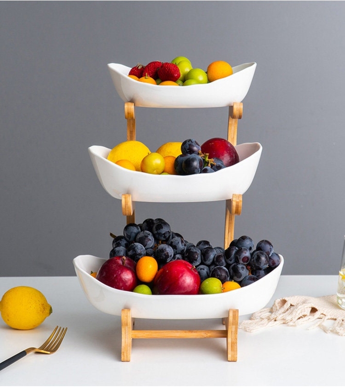 Modern White Three-Tier Wooden Fruit Bowl Stand