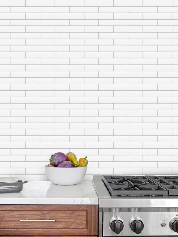 Modern White Vertical Subway Tile Kitchen Backsplash