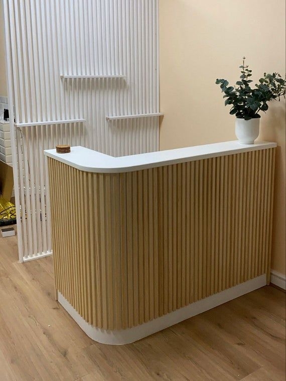 Modern Wood Slat Reception Desk with White Countertop