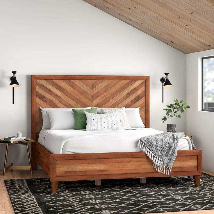 Modern Wooden Bed Frame with Chevron Headboard