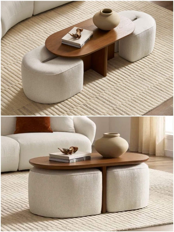 Modern Wooden Coffee Table with Nested Ottoman Seats