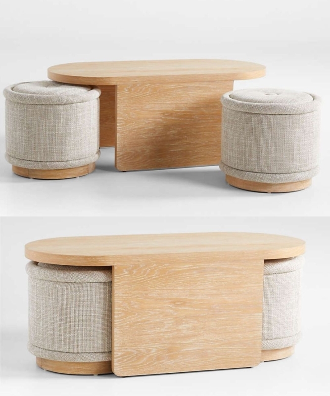 Modern Wooden Coffee Table with Nested Ottomans