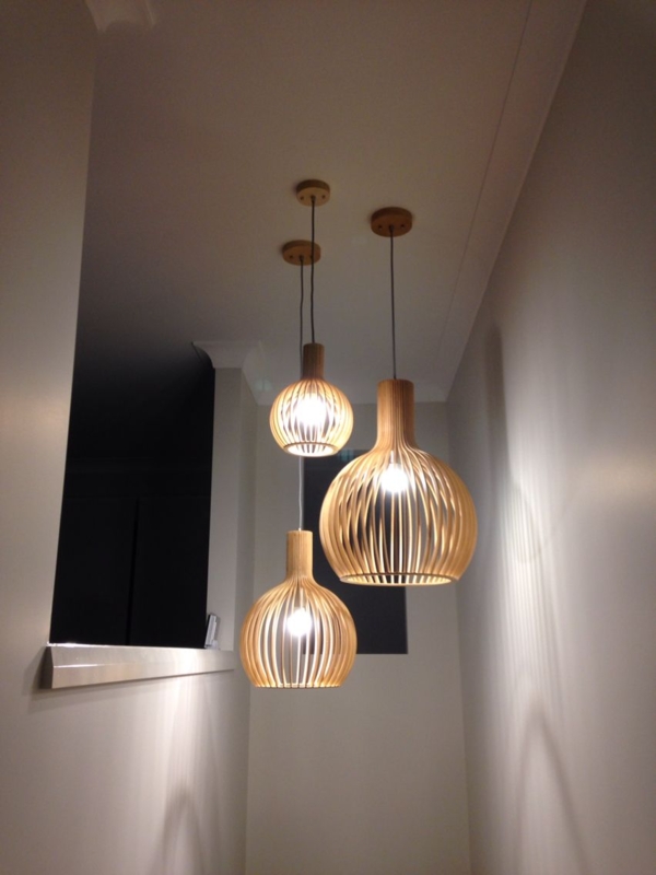 Modern Wooden Pendant Lights in Stairwell