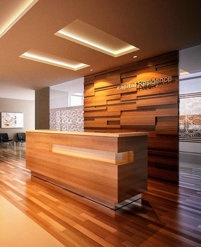 Modern Wooden Reception Desk with Textured Wall
