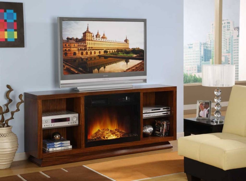 Modern Wooden TV Stand with Built-in Electric Fireplace