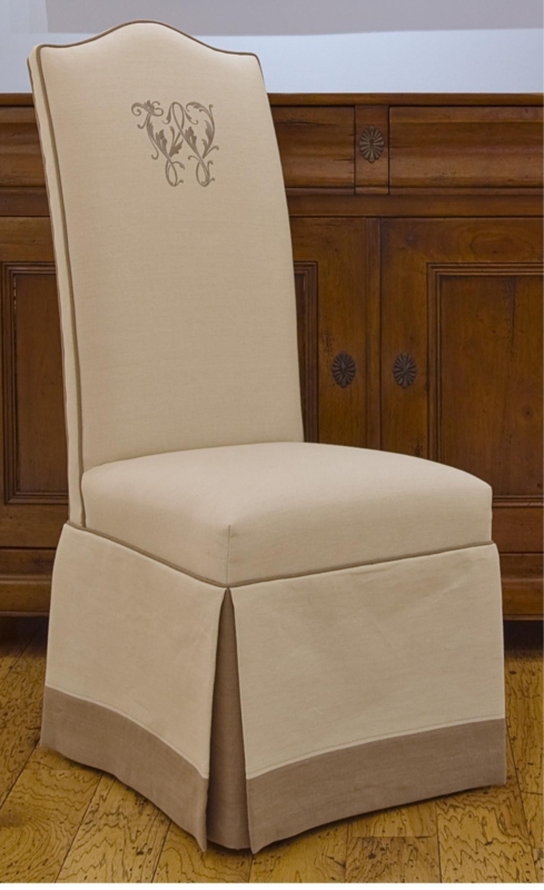 monogrammed upholstered chairs | ... skirt, double welt, and band at ...