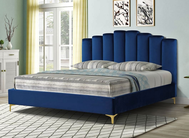 Nadia Blue Velvet Bed with Elegant Gold Legs