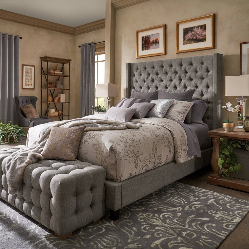 Naples Gray Tufted Wingback Tall Headboard Bed