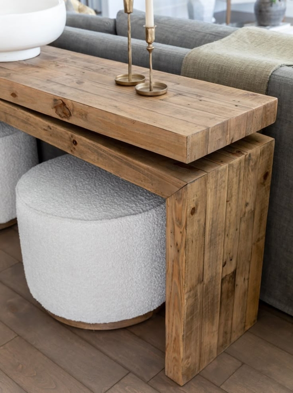 Natural Wood Sophia Ottoman with Table Behind Couch