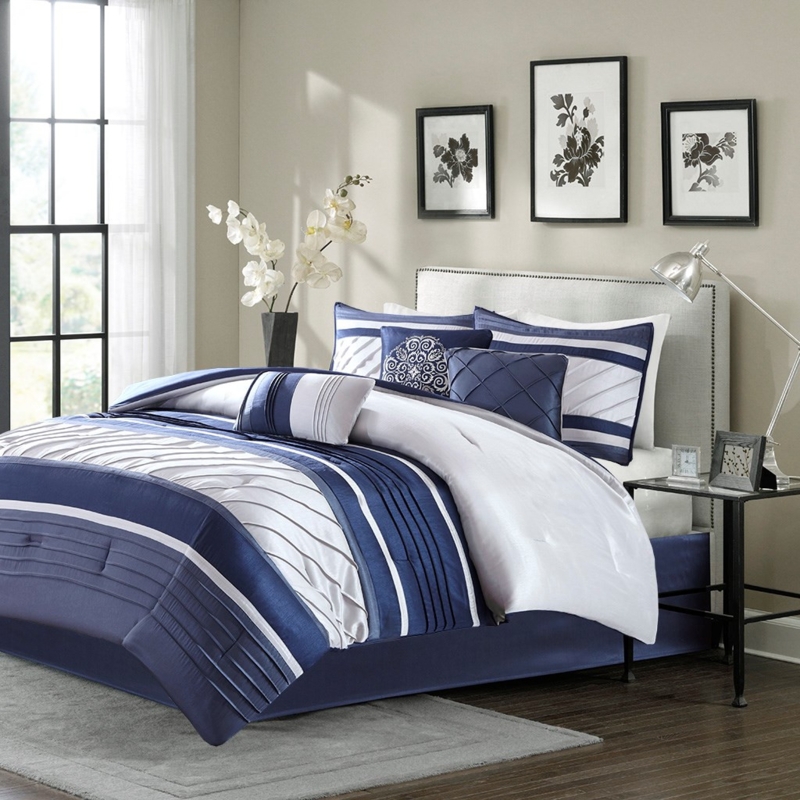 Navy Blue and Grey Striped Comforter Set Bedroom