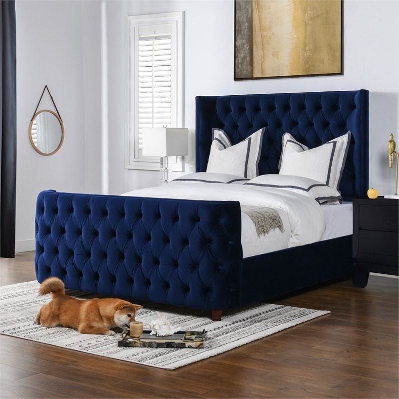 Navy Blue Tufted Queen Bed with Hardwood Frame