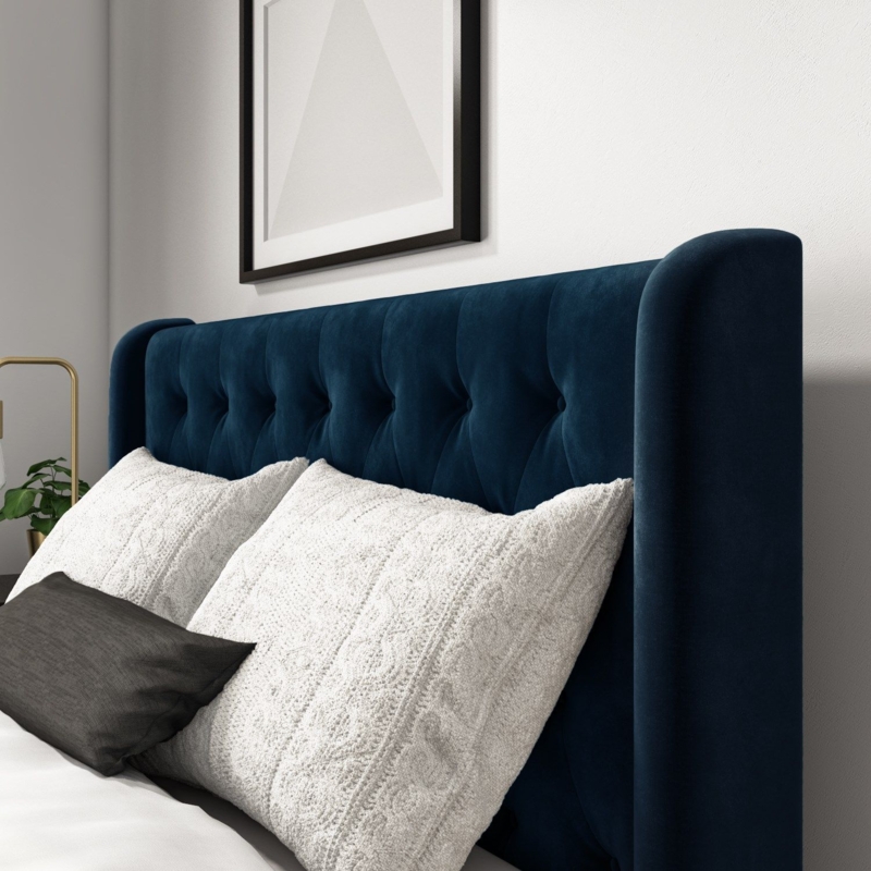 Navy Blue Velvet Quilted King Size Bed Frame