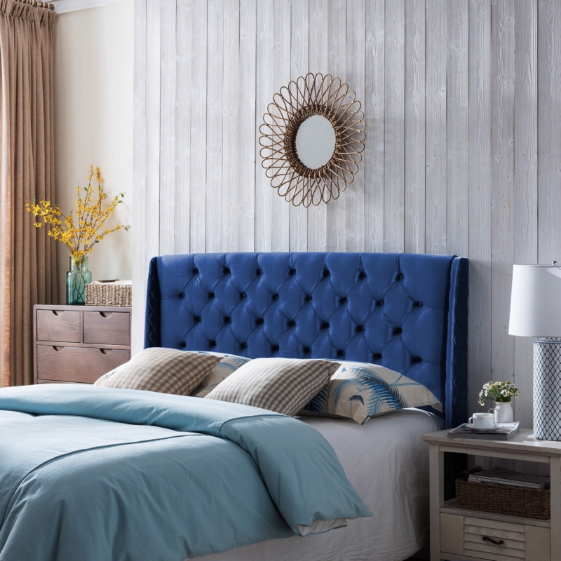 Navy Blue Velvet Tufted Wingback Headboard Bedroom