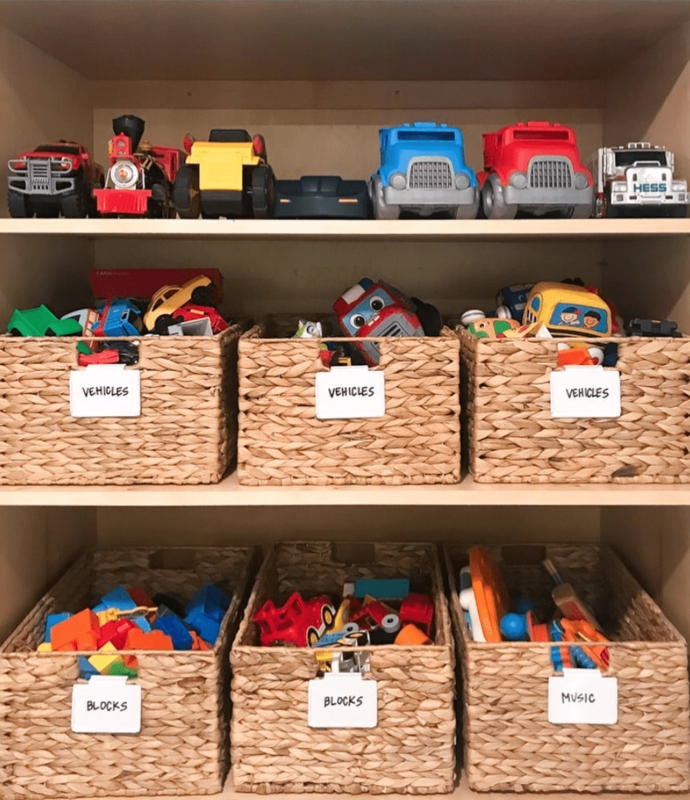 Organized Toy Storage with Labeled Wicker Baskets