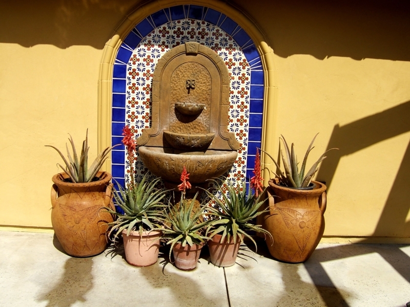 Outdoor Spanish Tile Fountain with Terra Cotta Pots