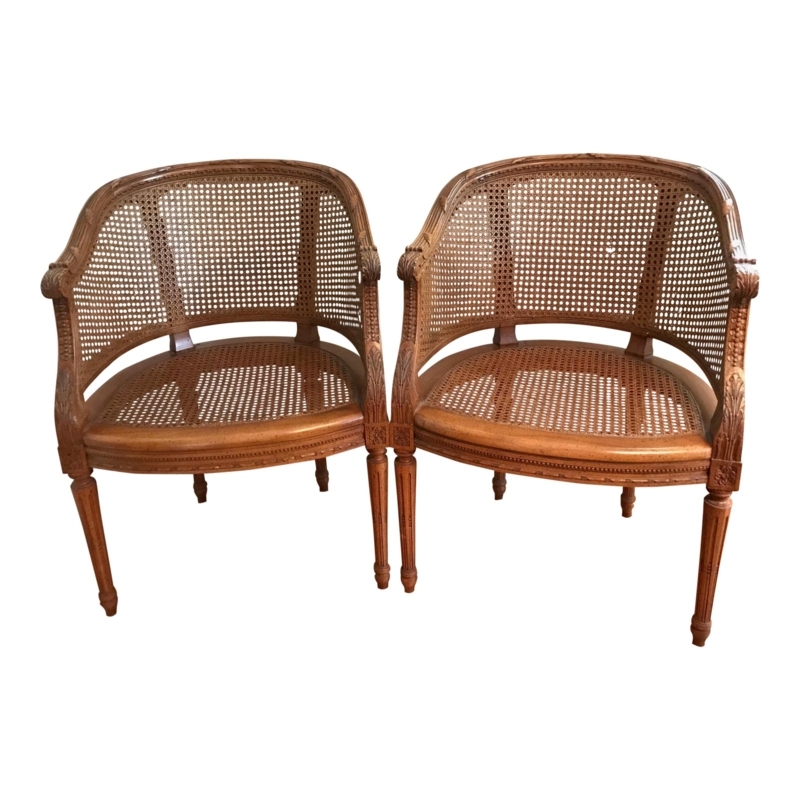 Pair of Vintage Cane Barrel Chairs with Wood Frame