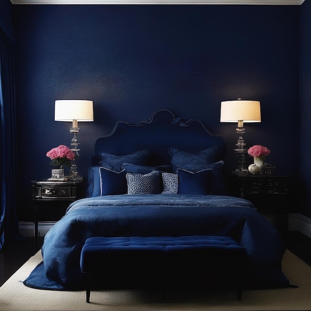 Premium AI Image | interior view of a luxury bedroom with blue velvet ...