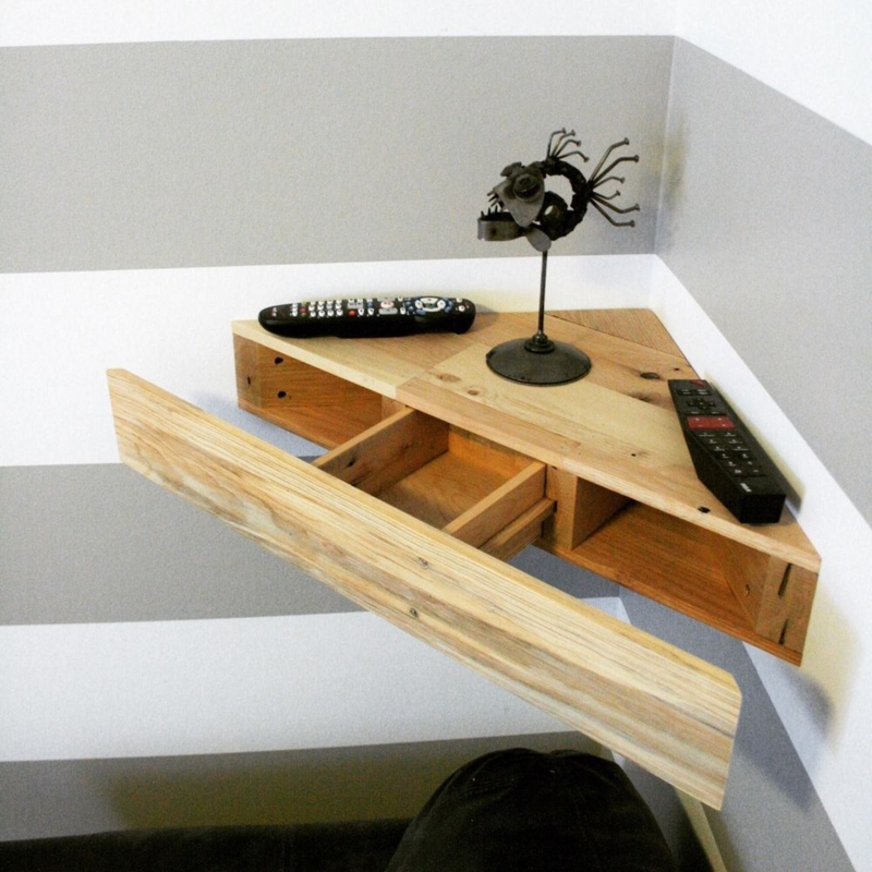 Reclaimed Wood Corner Floating Shelf with Hidden Drawer
