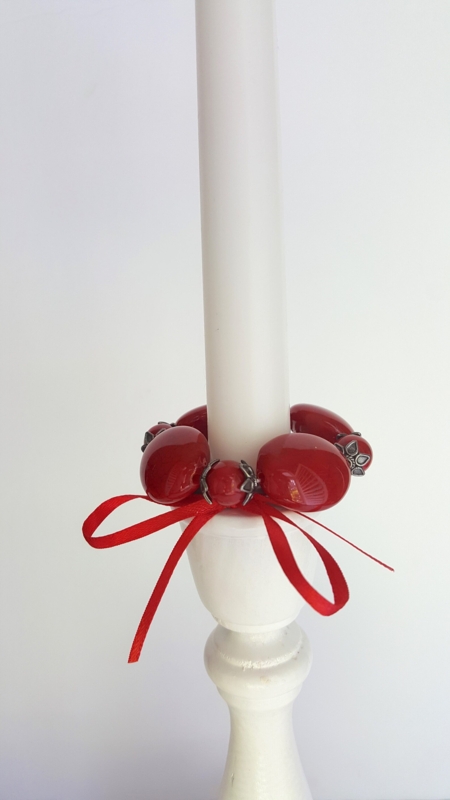 Red Beaded Taper Candle Ring with Ribbon Accent