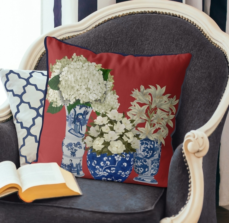 Red Chinoiserie Decorative Pillow with Floral Vases