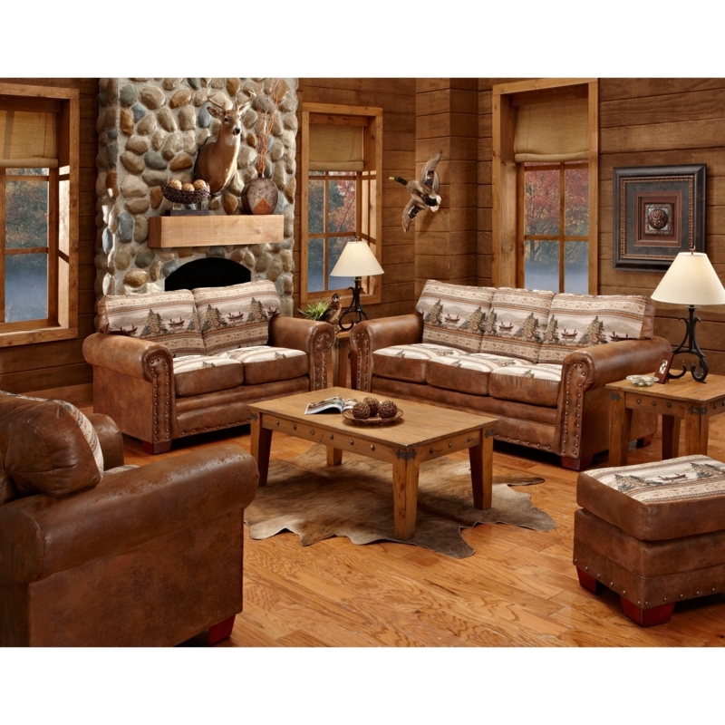 Rustic Alpine Lodge Living Room with Leather Sofa Set