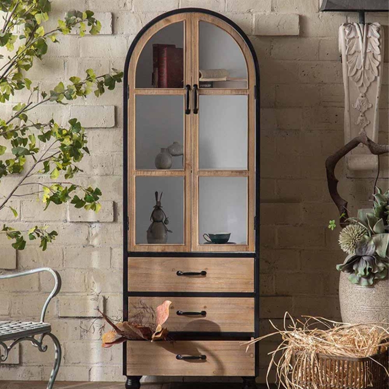 Rustic Arched Cabinet with Glass Doors and Drawers