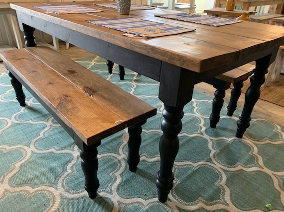 Rustic Black Farmhouse Table with Wooden Bench