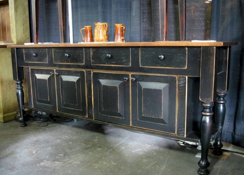 Rustic Black French Country Sideboard with Wooden Top