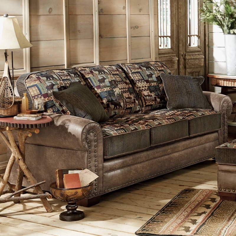 Rustic Cabin Sofa with Nature-Themed Upholstery
