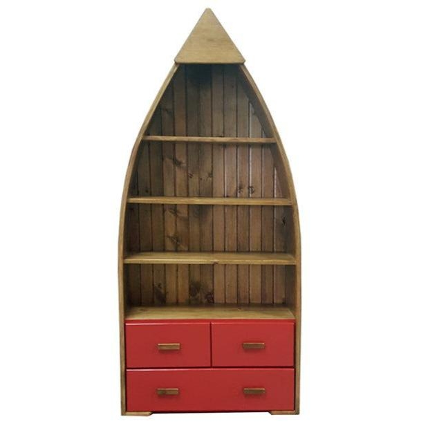 Rustic Canoe-Shaped Wooden Bookcase with Drawers
