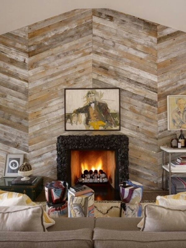 Rustic Chevron Wooden Wall Fireplace Surround