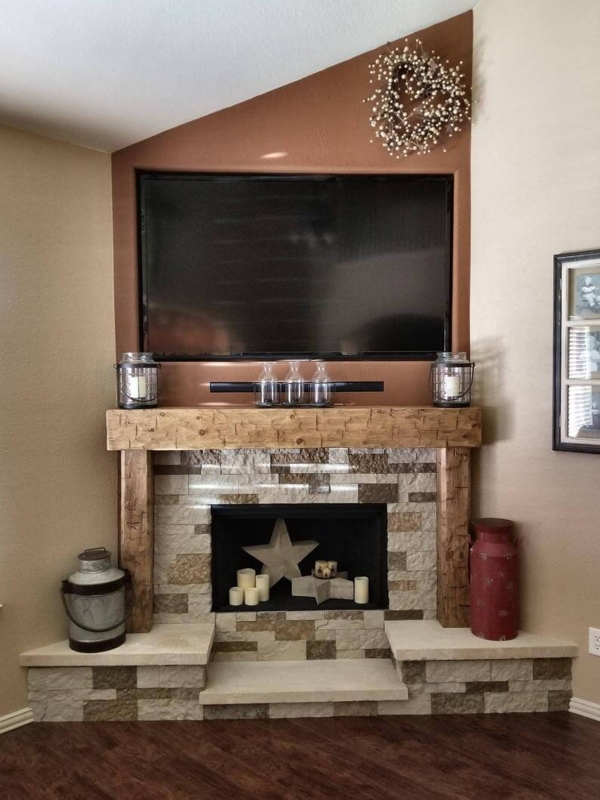 Rustic Corner Fireplace with Reclaimed Wood Mantel