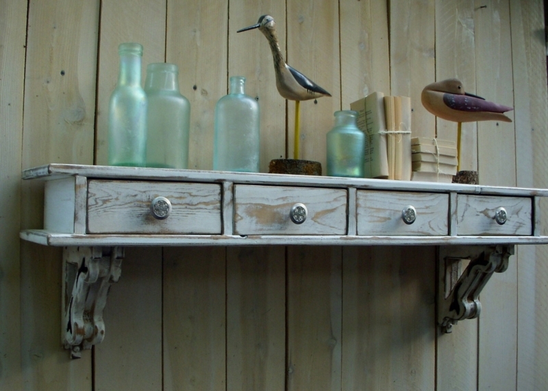 Rustic Cottage Chic Wall Shelf with Drawers