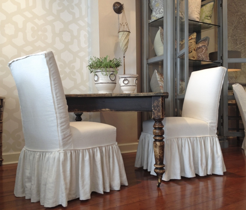 Rustic Farmhouse Table with Ruffled Parsons Chairs