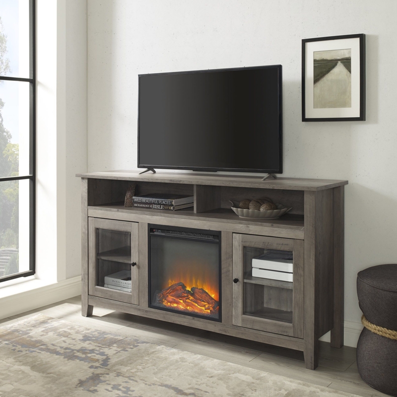 Rustic Fireplace TV Stand with Storage Shelves