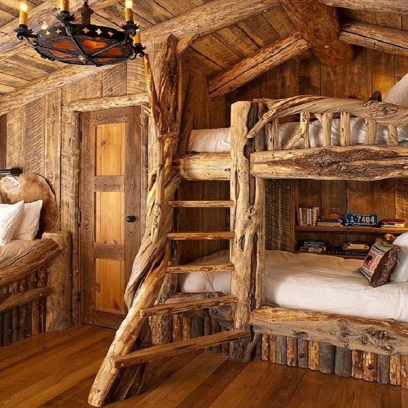 Rustic Log Cabin Bunk Beds with Natural Wood Finish