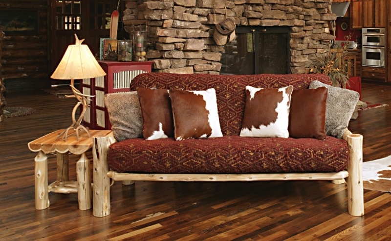 Rustic Log Cabin Futon with Animal Print Pillows