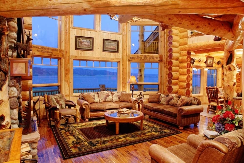Rustic Log Cabin Living Room with Sectional Sofas