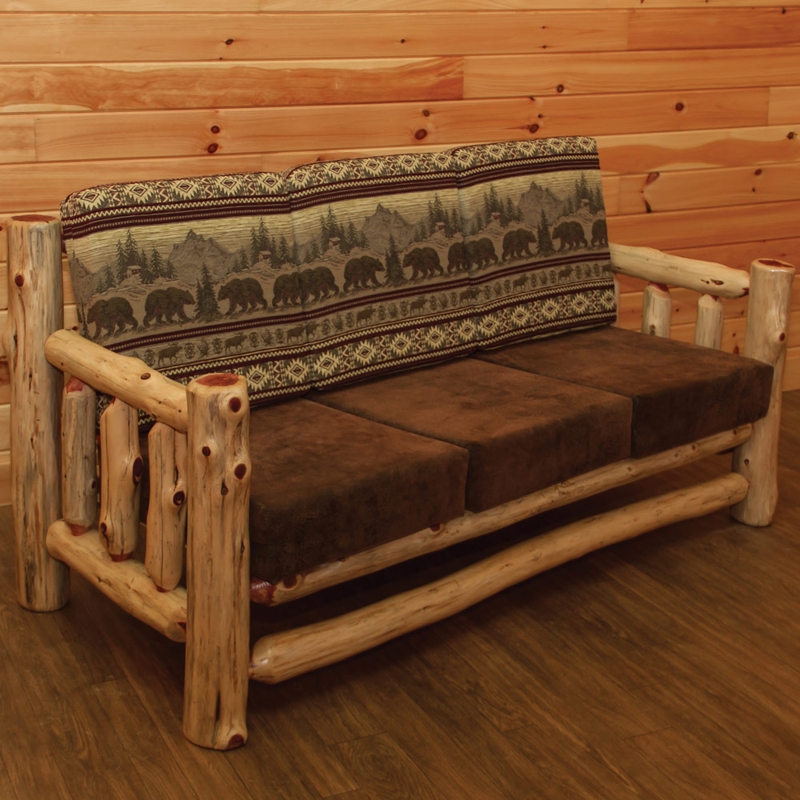 Rustic Log Cabin Sofa with Bear Motif Upholstery